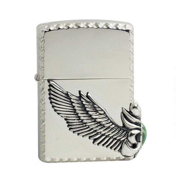 Zippo Chính Hãng Màu Bạc Có Cánh Thiên Thần Gắn Ngọc Xanh Bên